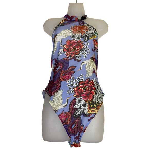 Fashion Nova Asian Dragon Floral Bodysuit‎ Periwinkle Blue Size Large Sexy Sheer - Picture 1 of 4